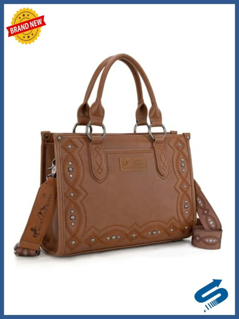Western Tooling Vegan Leather Tote Bag Whipstitch Crossbody